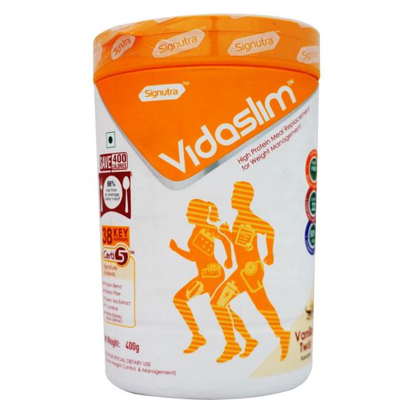 Netmeds | Vidaslim High Protein Meal Replacement for Weight Management Powder Jar - Vanilla Elixir Flavour 400 g