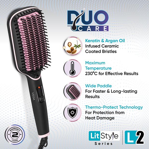 Vega Litstyle L2 Straightener Brush for Women with Smart Memory Function, Quick Heat-Up (VHSB-07) 513 gm - Straighteners