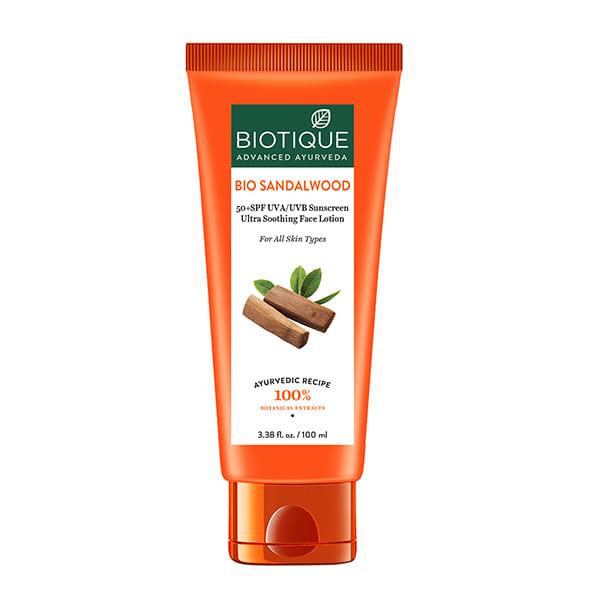 Netmeds | Biotique Sun Shield Sandalwood 50+ SPF UVB PA+++ UVA Sunscreen Ultra Protective Lotion for All Skin Types Water Resistant 100ml