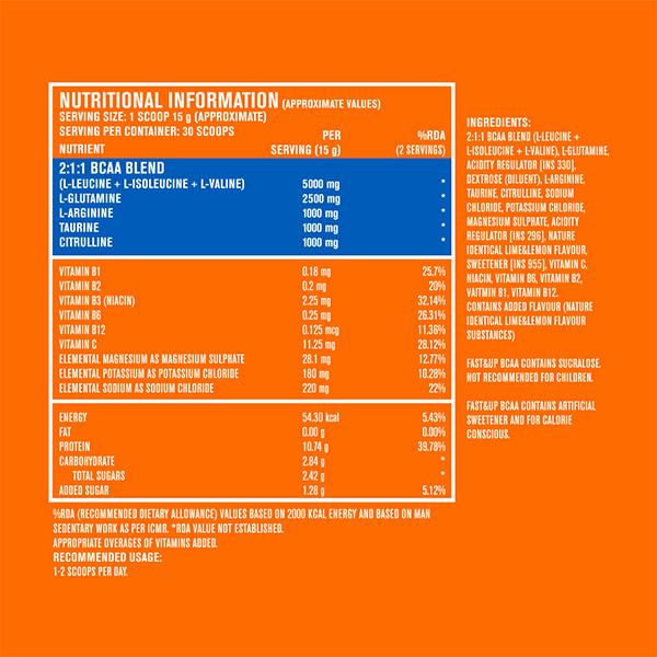 Fast&Up BCAA Supplement Powder - Lime & Lemon Flavour 450 gm - Bcaa Supplements