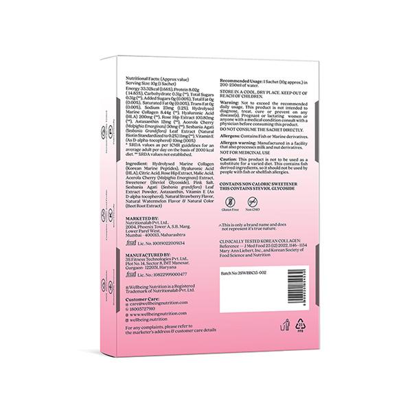 Wellbeing Nutrition Beauty Korean Marine Collagen, Type 1 and 3 Peptides, Hyaluronic Acid, Astaxanthin, Biotin, Vit C - 6 Sachets 60 gm - Multi-Vitamins