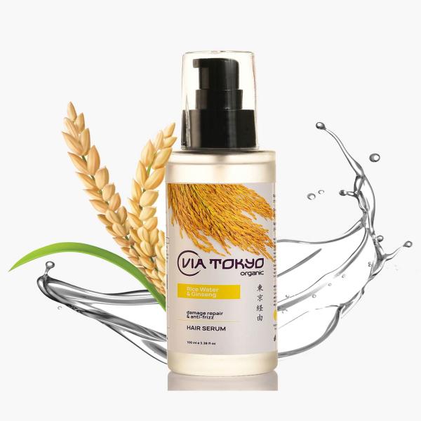 VIA TOKYO ORGANIC Rice Water & Ginseng Hair Serum, Frizz Control & Hair Strengthening, No Sulphates, No Paraben 100 ml - Hair Serums