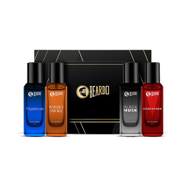 Netmeds | Beardo Assorted Perfume for Men Whisky Smoke, Godfather, Tsunami and Black Musk 4 x 20ml 1's