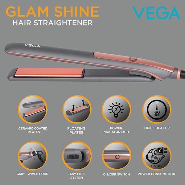 VEGA Glam Shine Hair Straightener With Ceramic Coated Floating Plates (VHSH-24) Grey 1's - Straighteners