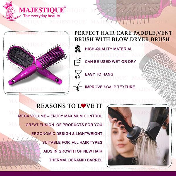 Majestique Detangling, Vent and Blow Dry Brushes, Soft Nylon Bristles -Multicolor 3's - Hair Brushes