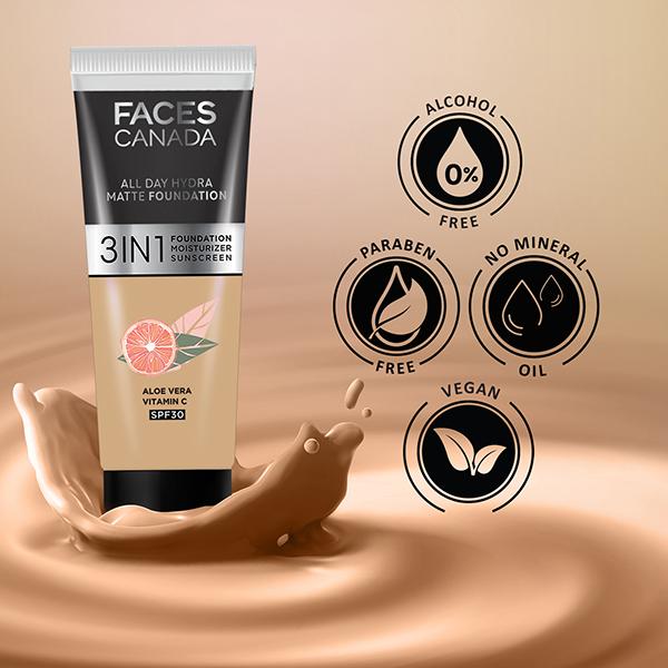 FACES CANADA 3in1 All Day Hydra Matte Foundation + Moisturizer + SPF 30 Medium Natural 022 15 ml - Foundation
