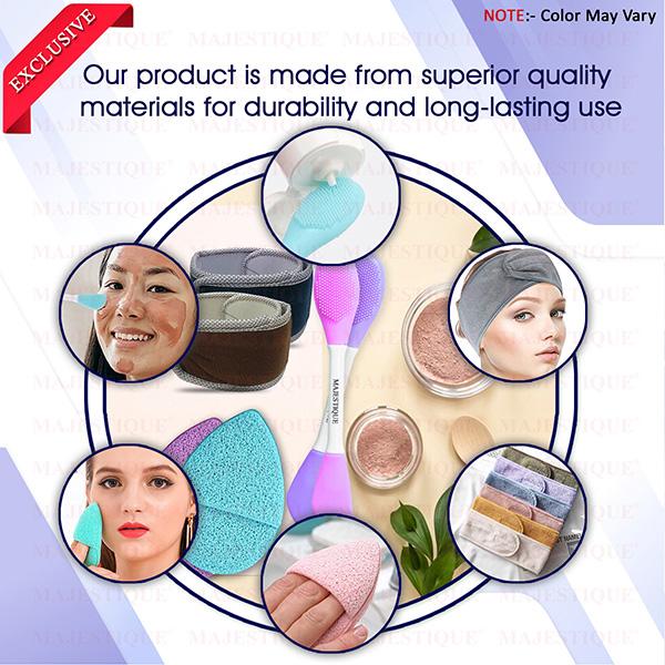 Majestique Facial Head Band, Dual Sided Silicone Brush with Makeup Remover Sponge - Multicolor 1's - Cleansing Brushes