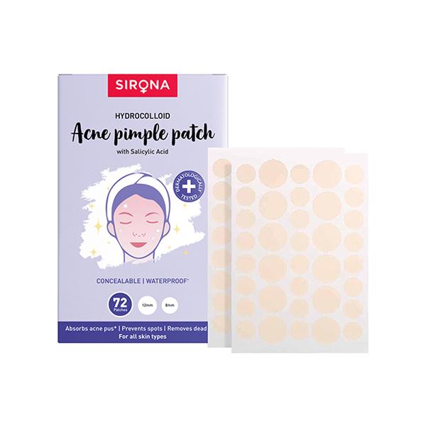 Netmeds | Sirona Acne Pimple Patch For Face (72 patches) - 2 Sizes, Invisible, Concealable, Waterproof Patches, Hydrocolloid & Salycylic Acid, Absorbs Acne Pus, Flattens Pimple for All Skin Types 1's