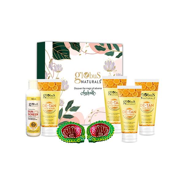 Netmeds | Globus Naturals De-Tan Diwali Glow Gift Box -Face Wash 100gm, Face Scrub 100gm, Face Cream 100gm, Face Pack 100gm, and Sunscreen Lotion 100ml 1's