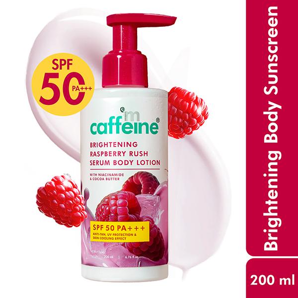 Netmeds | mCaffeine Brightening SPF 50 PA+++ Body Sunscreen Lotion - Instant Cooling, Non-Sticky, De-Tan Lotion 200 ml