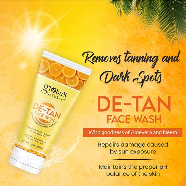 Globus Naturals De Tan Face Wash, Enriched with Neem & Aloe Vera, Tan Removal, 100gm each 2's - Face Wash & Cleansers