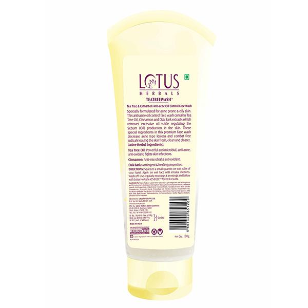 Lotus Herbals Teatreewash Tea Tree & Cinnamon Anti-Acne Oil Control Face Wash 120 Gm - Face Wash & Cleansers