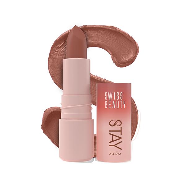 Netmeds | Swiss Beauty Stay All Day Lipstick ,12-Hrs Stay, Matte Finish with Vitamin E & Shea Butter -2 Spicy 4 gm