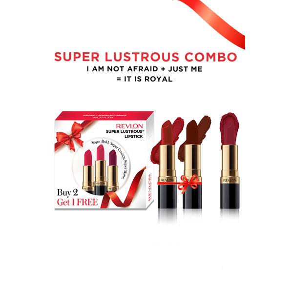 Netmeds | Revlon Super Lustrous Lipstick Combo - Buy 2 Get 1 Free (I am not afraid + Just me + It is Royal) 24 ml