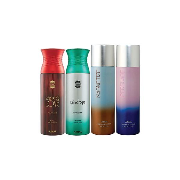 Ajmal 1 Sacred Love, 1 Raindrops Femme, 1 Magnetize And 1 Persuade Deodorants Pack of 4 200 ml - Deodorants/Roll-Ons