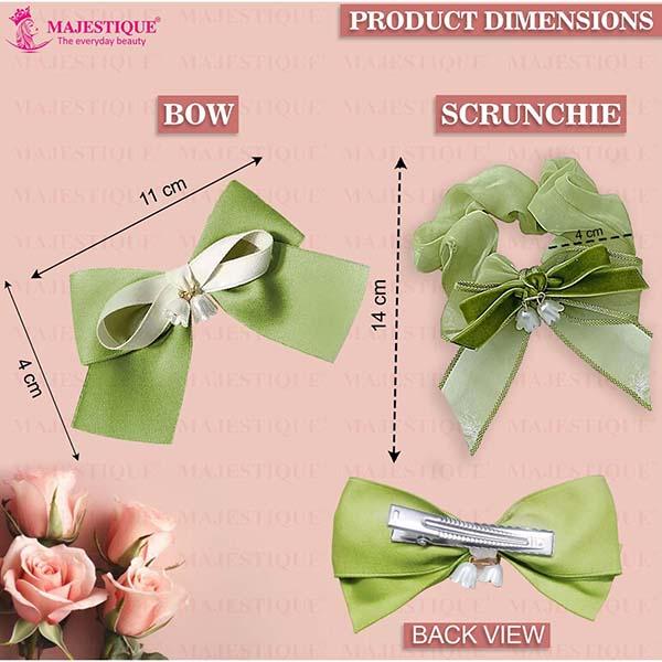 Majestique Satin Silk Layered Hair Bow Embellished Clip And Hair Scrunchies Combo For Women Girls - Green 2's - Hair Clips/Bands