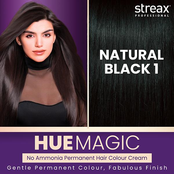 Streax Professional HueMagic Permanent Hair Colour - Natural Black 1, No Ammonia 90 gm - Crème
