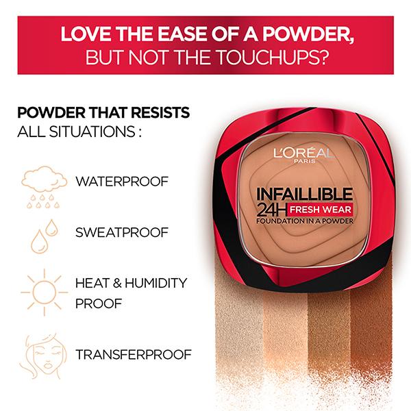 L'Oreal Paris Infallible 24H Fresh Wear Foundation In A Powder, 180 Rose Sand 9 gm - Compact Powder