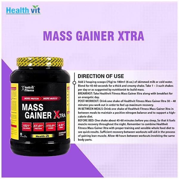 Healthvit Fitness Mass Gainer Xtra with Vitamins and Minerals Chocolate Flavour 2kg / 4.4 lbs 2000 gm - Multi-Vitamins