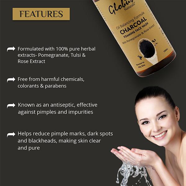 Globus Naturals Charcoal Anti Pollution, Acne Control Foaming Face Wash 150 ml - Face Wash & Cleansers