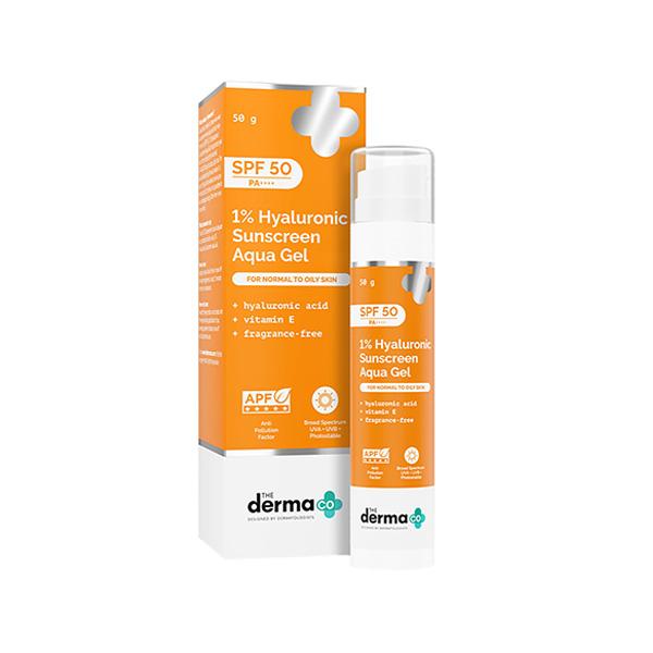 Netmeds | The Derma Co. 1 Percent Hyaluronic Sunscreen Aqua Gel For Broad Spectrum & Blue Light Protection SPF 50 PA++++ 50gm