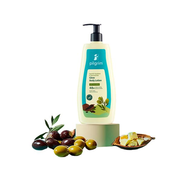 Netmeds | Pilgrim Spanish Squalane & Niacinamide Glow Body Lotion Cocoa Butter 48H Long-Lasting Moisturization 400 ml