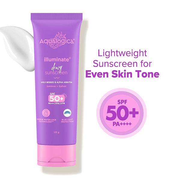 Netmeds | Aqualogica Illuminate+ Dewy Sunscreen SPF 50+ PA++++ with Wild Berries & Alpha Arbutin 125 gm