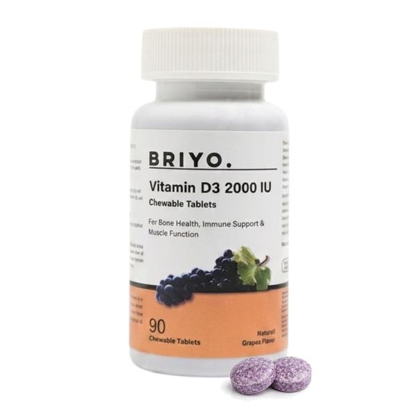 Netmeds | Briyo Vitamin D3 2000 IU Chewable tablets - Natural Grape Flavor 90's