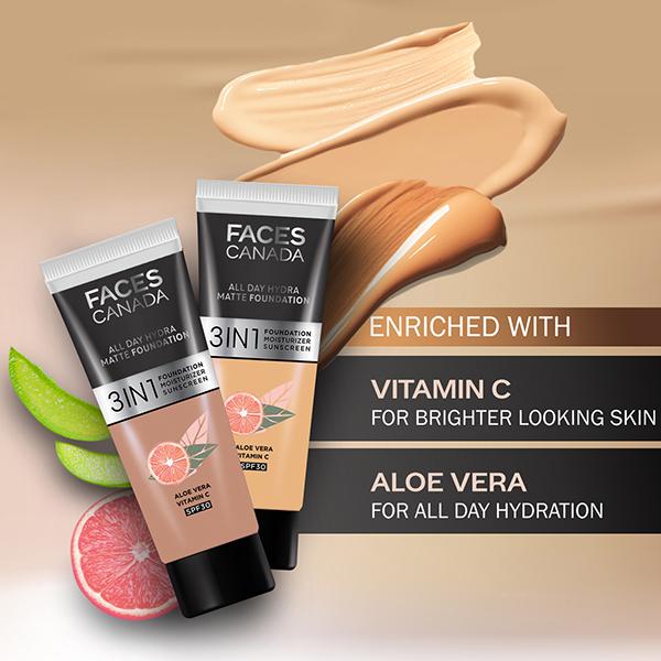 FACES CANADA 3in1 All Day Hydra Matte Foundation + Moisturizer + SPF 30 Medium Natural 022 15 ml - Foundation