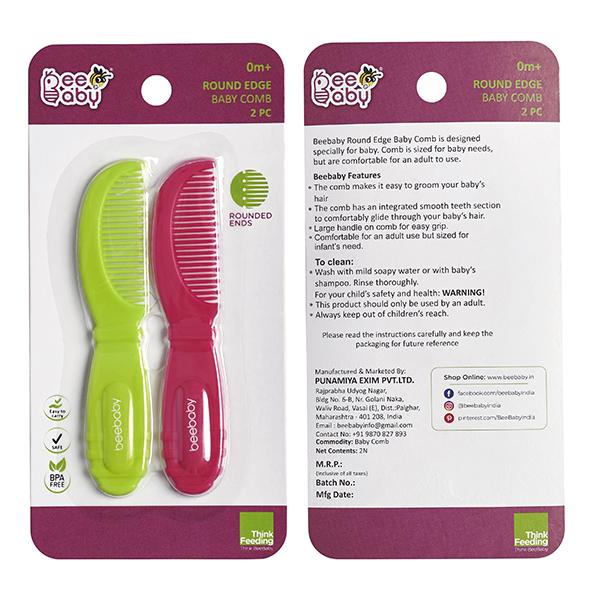 BeeBaby Round Edge Baby Comb -(Pink & Green) 0M+ 2's - Baby Skin Care
