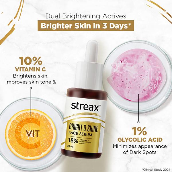 Streax Bright & Shine Face Serum 10% Vitamin C Serum & 1% Glycolic Acid 30 ml - Face Moisturizers