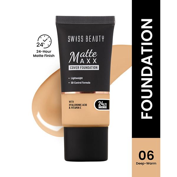 Netmeds | Swiss Beauty Matte Maxx Cover Foundation, 24- Hour Stay, with Hyaluronic Acid & Vitamin E, Oil-Control Formula 6 - Deep Warm 30 gm