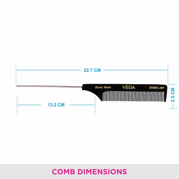 Vega Tail Hair Comb with Steel Pin for Women, Black, (VC2HMBC-305) 2's - Hair Combs