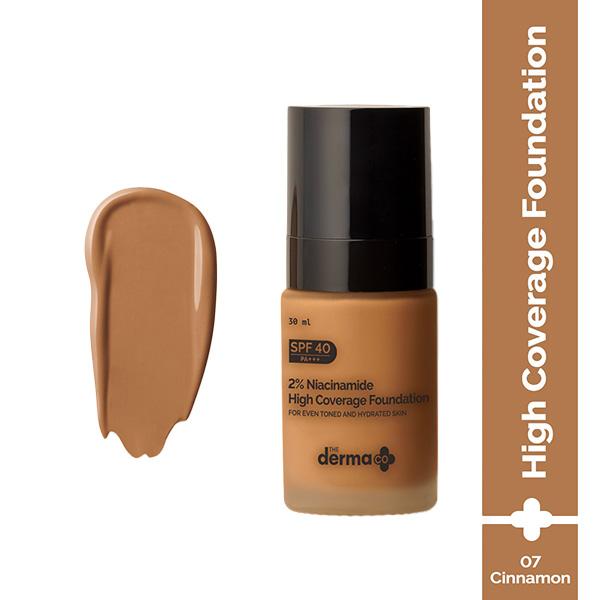 Netmeds | The Derma Co. 2% Niacinamide High Coverage Foundation, 1% Hyaluronic Acid and SPF 40 PA+++ for 12 Hr - 07 Cinnamon 30 gm