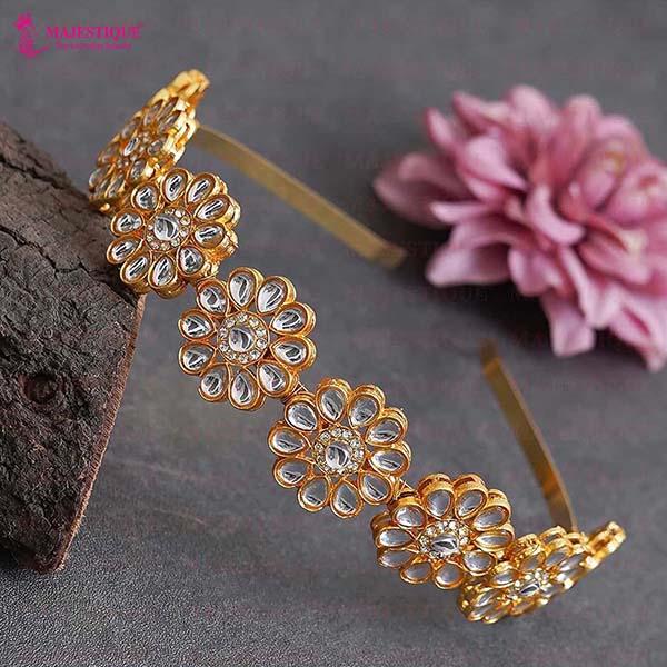 Majestique Gold-Plated Kundan Mathapatti Metal Hairband Ethnic Flower Design For Women 1's - Hair Clips/Bands