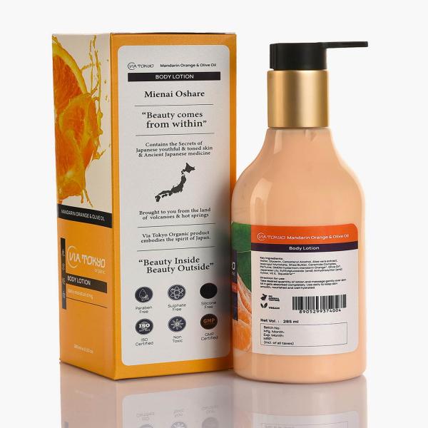 VIA TOKYO ORGANIC Mandarin Orange & Olive Oil Body Lotion for Nourishing & Moisturizing Skin, No Sulphates, No Paraben 285 ml - Lotions & Creams