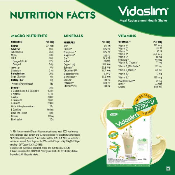 Vidaslim Meal Replacement Protein Health Shake Powder - Vanilla Elixir (Refill Pack) 500 g - Weight Loss