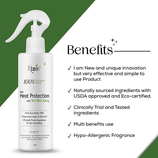 Ktein 100% Plant Based Natural Hair Heat Protection With Xtra Shine Spray Hair Spray 200 ml - Hair Sprays & Mists