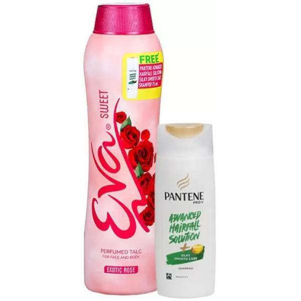 Netmeds | Eva Perfumed Talc - Sweet-Exotic Rose 400 gm (Free Pantene Shampoo 75 ml)