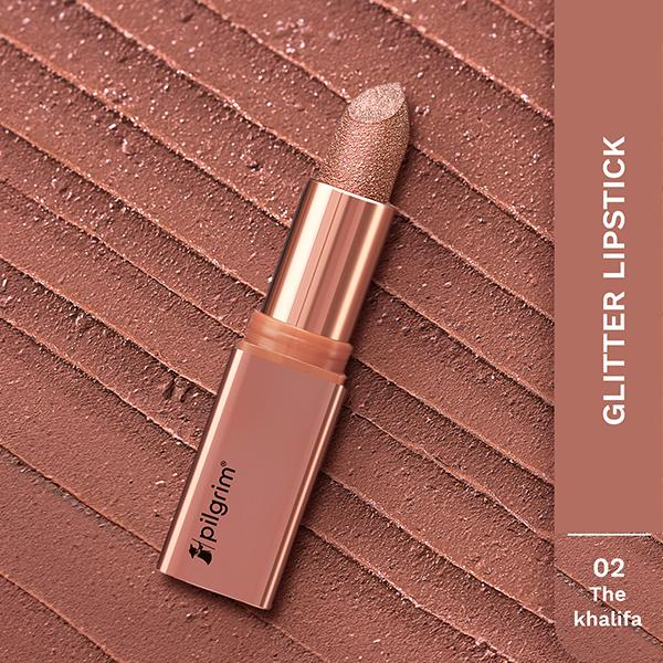 Netmeds | Pilgrim Glitter Lipstick The Khalifa-02 Luxurious 3-D Glitter Formula With Matte Finish Red/Orange 4.2 g