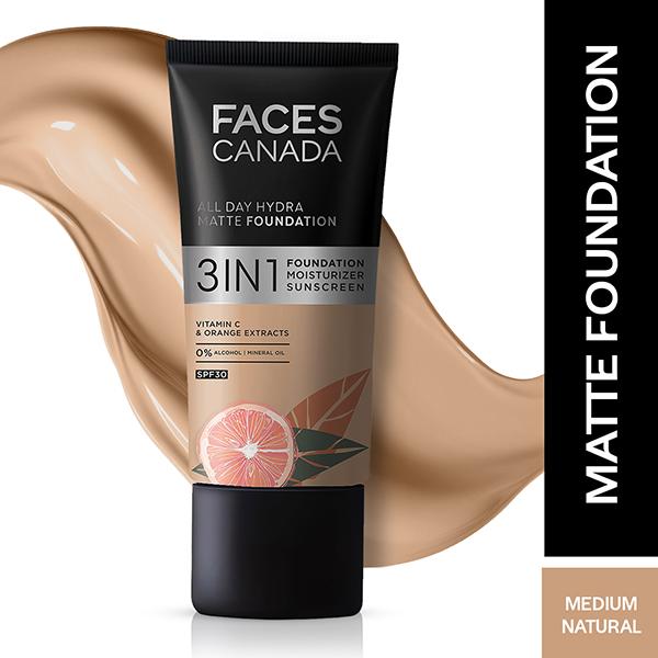 Netmeds | Faces Canada All Day Hydra Matte Foundation 3-In-1 Foundation + Moisturizer + SPF 30 Aloe and Vitamin C Medium Natural 022 25ml