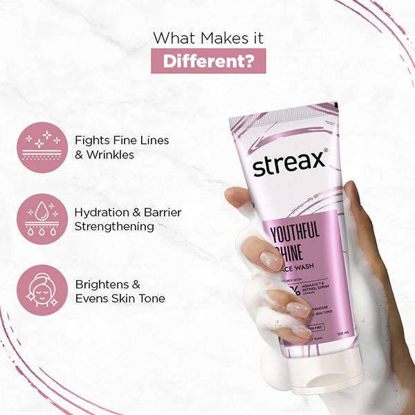 Streax Skin Youthful Shine Face wash cleanser 4% Aquaxyl & Retinol serum complex 100 ml - Scrubs & Exfoliants