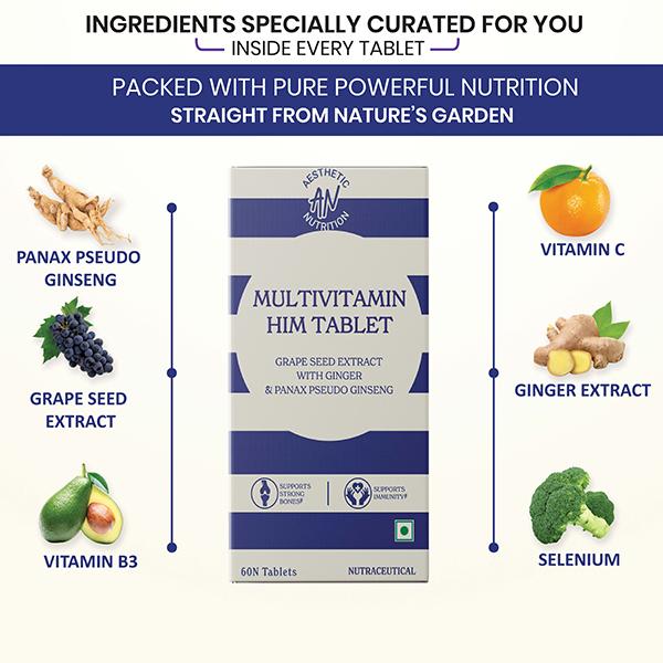 Aesthetic Nutrition Multivitamin Him With Grape Seed Extract, Ginger, And Panax Pseudo Ginseng For Energy, Vitality 60 Tablets 1's - Multi-Vitamins