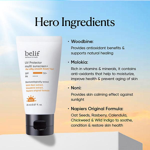 Belif Uv Protector Korean Vegan Tinted Mineral Face Sunscreen SPF 50+ For Tone Up Matte Finish 20 ml - Face Sunscreen