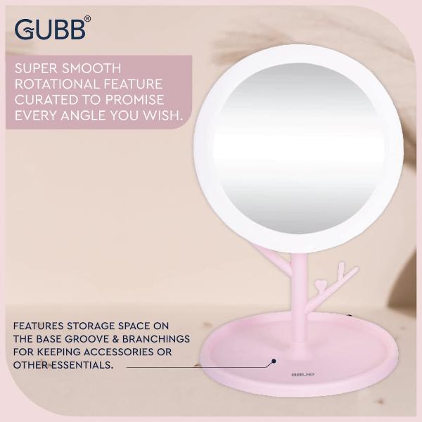 GUBB 360 degree Vanity Mirror with Storage Tray & Branch for Accessories, Rotating Table Mirror with Stand - Pink 1's - Others