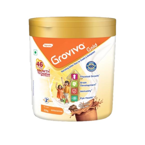 Netmeds | Groviva Gold Age 2+ Child Nutrition Supplement Powder Jar - Chocolate Flavour 200 g