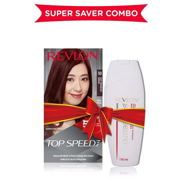 Revlon Top Speed Hair Color For Woman - Deep Mahogany Brown 50 with Outrageous Conditioner 270 ml - Crème