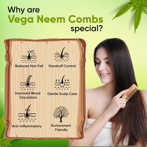 Vega Neem Hair Combs for Women and Men for Reduce Hairfall, Detangling, Frizz Control and Shine (WNC-05) 54 gm - Hair Brushes