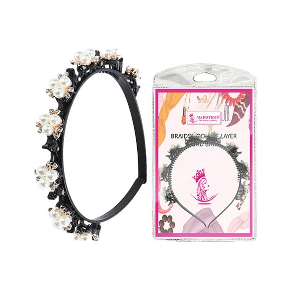 Majestique Stylish Braided Double Layer Twist Plait Plastic Headband with Elegant Flower 1's - Hair Clips/Bands