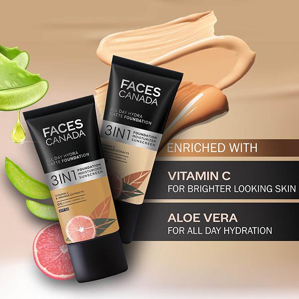 Faces Canada All Day Hydra Matte Foundation 3-In-1 Foundation + Moisturizer + SPF 30 24 Hr Aloe Hydration & Vitamin C 10Hr Long Wear Honey Beige 031 25ml - Foundation